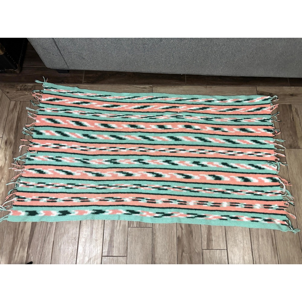 Vintage‎ Handmade Crochet Southwest Style Throw Blanket Afghan 37x72 Fringe